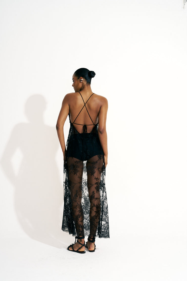vestido renda preto longo