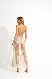 vestido renda Nude longo