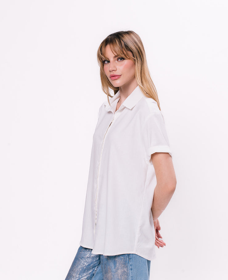 camisa linho Ecow manga curta feminina off-white - Estampa selecionada